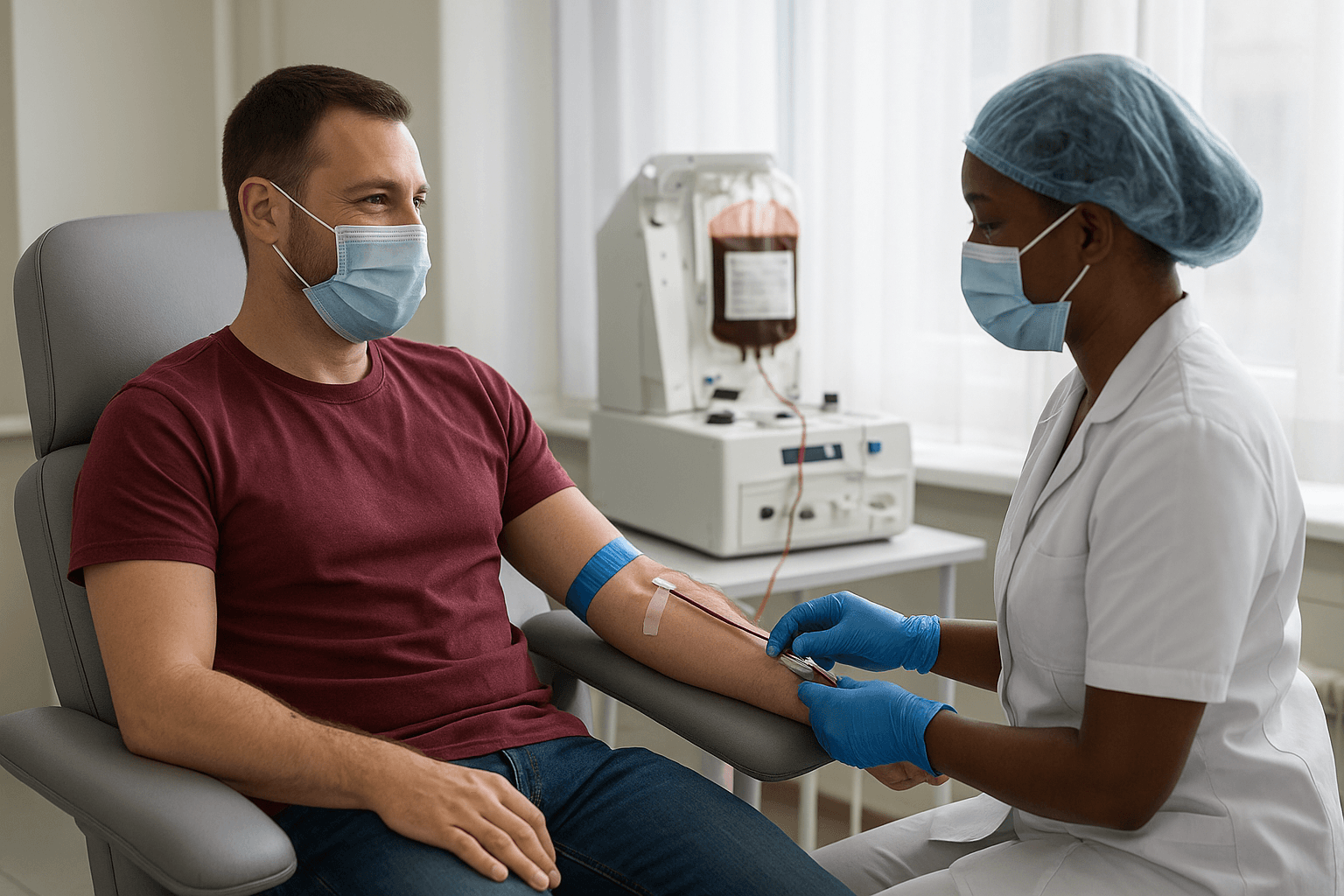 Donor giving blood in a safe environment
